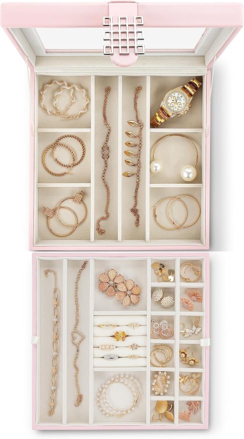 Glenor Co 28 Section Jewelry Box - 2 Layer & Buckle Magnet Closure - Large Glass Top - Leather Design - Soft Pink - Jewelry Organizer for Women & Girls - for Earring Ring Necklace & Bracelet - Image 2