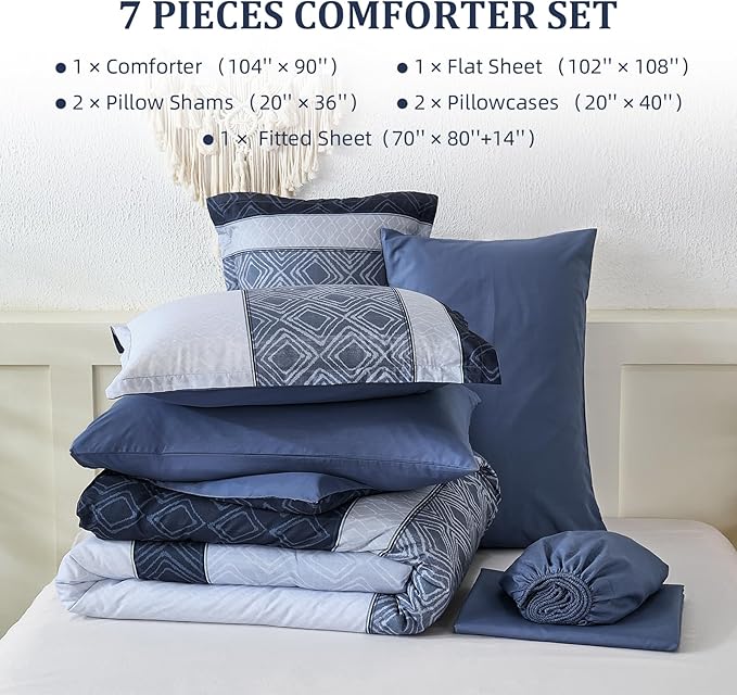 Dinjoy Blue King Size Comforter Set,Striped Boho Bed in a Bag King 7 Pieces Soft Fall Bedding Comforters Microfiber Mineral Blue Complete Sets for All Season