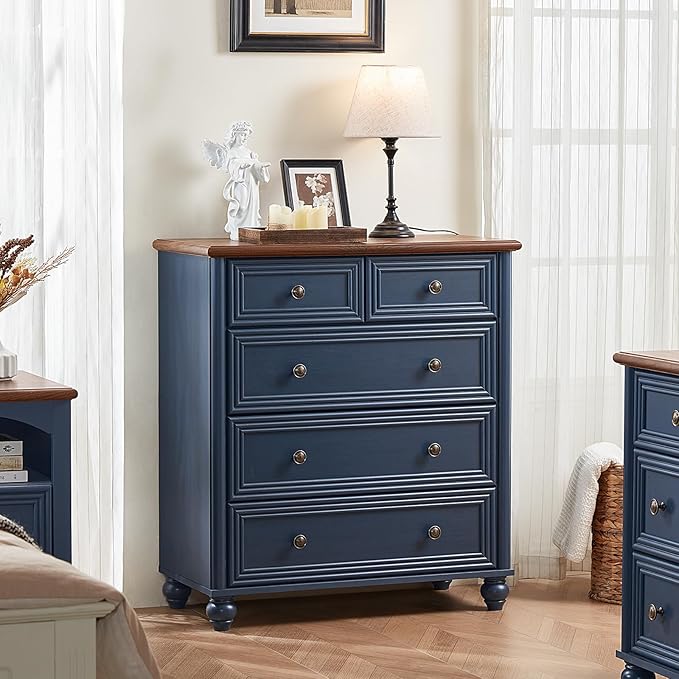 RWYHG Farmhouse 5 Drawer Dresser, Blue Rustic Chest of Drawers, 35.5" Tall Small Dressers for Bedroom with Roman Column and Metal Handles,Wood Storage Organizer for Living Room, Hallway, Closet
