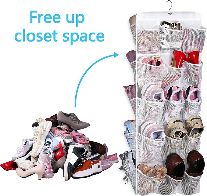 MISSLO 30 Large Pockets Dual Sided Hanging Baby Shoe Organizer for Closet with Rotating Hanger Hanging Shoe Shelves, White - Image 6