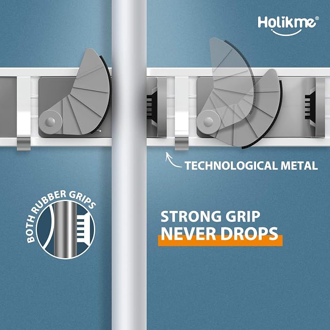 Holikme Mop Broom Holder Wall Mount Metal Pantry Organization and Storage Garden Kitchen Tool Organizer Wall Hanger for Home Goods (4 Positions with 4 Hooks, Silver) - Image 3