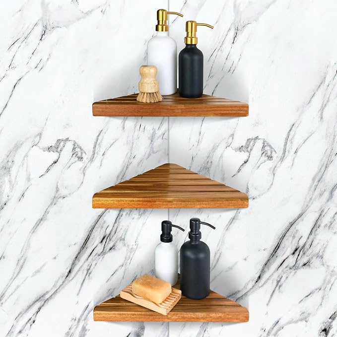 ENKEZI Acacia 2,3 Tiers Corner Shower Shelf, Triangular Corner Shelf Wooden Bathroom Shelf for Tiled Wall, Shower Corner Shelf, No Drilling Requied (3) by ENKEZIProducts