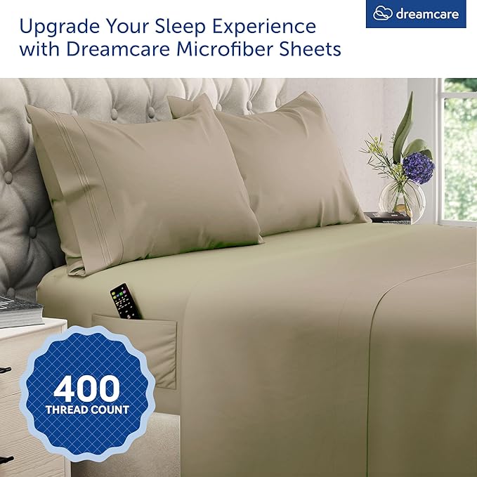 DREAMCARE Queen Sheet Set – 4 pcs Cooling Sheets – up to 21” Deep Pocket Queen Sheets – Hotel Luxury Sheets & Pillowcases – Superior Softness 100% Fine Microfiber with Side Pocket, Eucalyptus