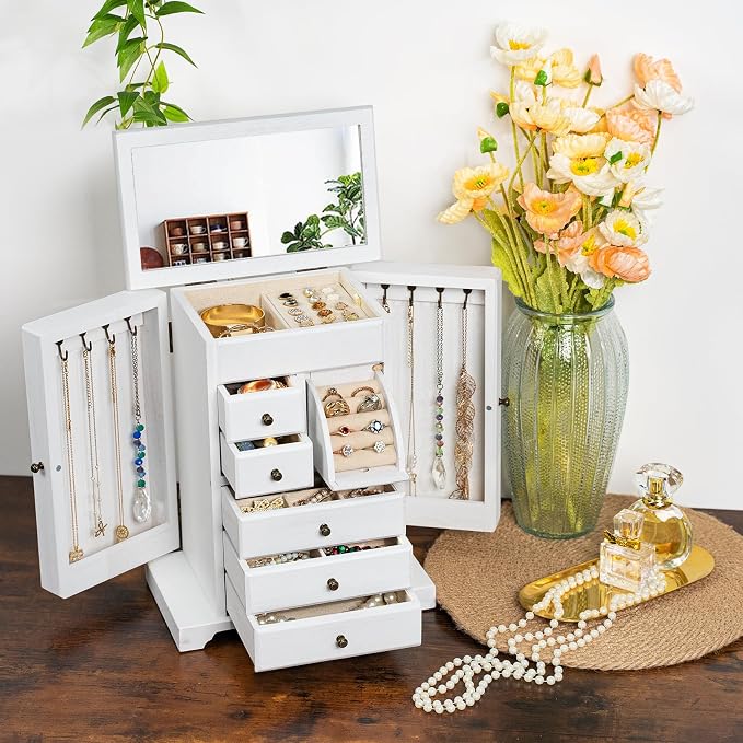 Jewelry Box for Women, Rustic Wooden Jewelry Boxes & Organizers with Mirror & Drawers,6 Layer Jewelry Organizer Box for Rings Earrings Necklaces Bracelets ((Weathered White) - Image 2