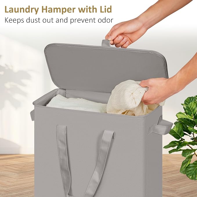 efluky Slim Laundry Basket with Lid, Narrow Laundry Hamper with Handles, Collapsible Dirty Clothes Hamper, Tall Laundry Bin for Laundry Room, Dorm and Bedroom, 55L Grey - Image 3