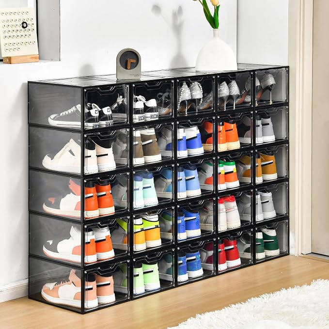 Stebopum 12 Pack Stackable Shoe Storage Organizer with Magnetic Door, Shoe Boxes Clear Black Plastic for Closet, Shoe Rack for Sneaker Boot Container, Shoe Cabinet Fit up to US Size 12 - Image 7
