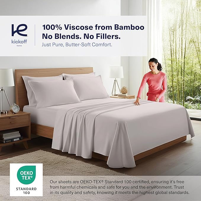 Kickoff Viscose Bamboo Sheets Twin Size 3-pc 100% Organic Bamboo Viscose Bed Cooling Sheets Twin Size Set Cool Bedding for hot Sleepers Sheet, Flat, Fitted, Pillowcase (Light Grey, T)