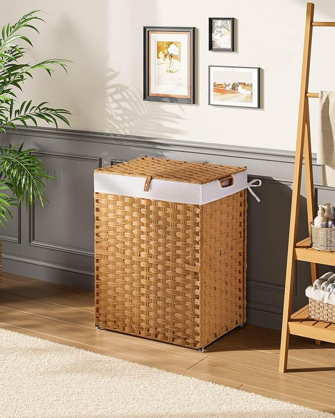 Greenstell Laundry Hamper No Install Needed, Divided Clothes Hamper with 2 Removable Liner Bags, 90L Handwoven Synthetic Rattan Laundry Basket with Lid and Handles, Foldable Natural - Image 2