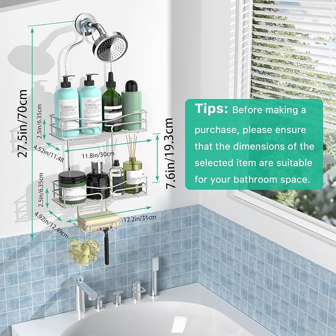 DAOYA Shower Caddy - Organizer with 6 Hooks, Soap Basket & Self-Adhesive Pad, Silver - Image 6