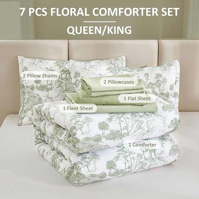 DJY Full Size Comforter Sets, Sage Green 7 Pieces Bed in a Bag Full Botanical Comforters with Sheets Elegant Plants Print Soft Microfiber Reversible Complete Bedding Sets for All Season