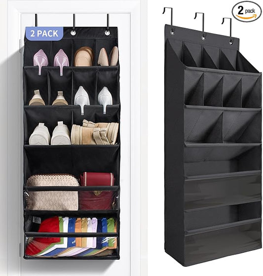 FENTEC 2 Pack Over the Door Shoe Organizer, Hanging Shoe Organizers with Large Pockets Shoe Holder Hanging Shoe Rack for Closet Shoe Organizer for Wall, Over Door Organizer with 30 Pockets, Black by Fentec