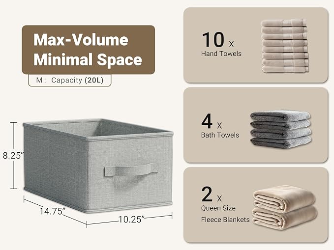 LayerSpace 3 Pack Fabric Storage Bins for Shelves | 14.75x10.25x8.25 in Storage Baskets | Fabric Closet Organizers with Handles Home Organization | Linen Clothes Storage Bins | Light Gray - Image 3