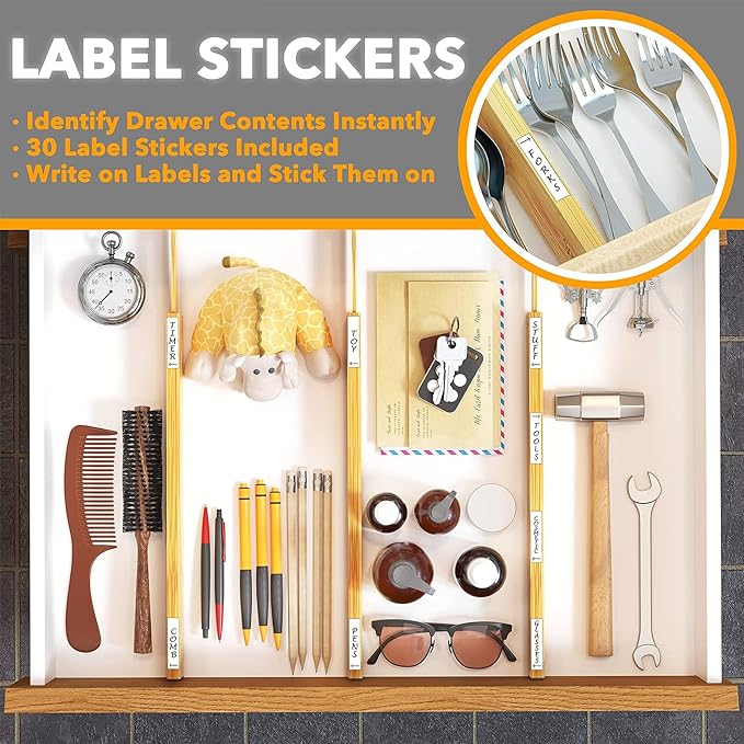 SpaceAid Bamboo Drawer Dividers with Labels, Kitchen Adjustable Drawer Organizers, Expandable Organization for Home, Office, Dressers and Bathroom, 6 Dividers (17-22 in) - Image 4