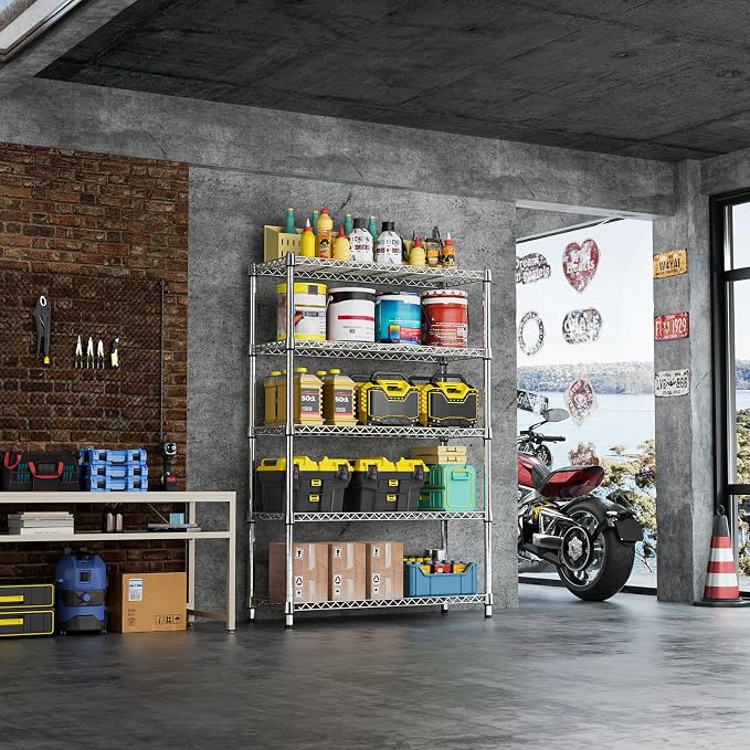 IZEUK 1750LBS Garage Shelving Wide Storage Shelves 5 Tier Metal Shelves Heavy Duty Adjustable Utility Shelf Rack (Chrome, 5 Tier, 15.7" D x 45.3" W x 70.9" H) - Image 6