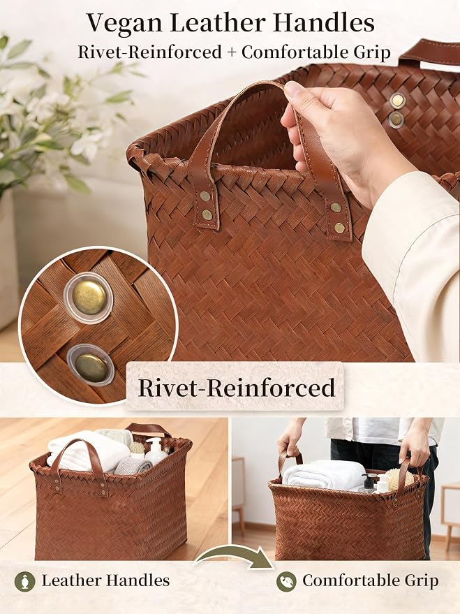 Hand Woven Baskets for Storage, 4Pcs Water-Resistant Wicker Baskets, Brown Wicker Storage Baskets for Shelves, Large Basket with Handle for Organizing, Clothes, Laundry, Blanket - Rectangular - Image 6