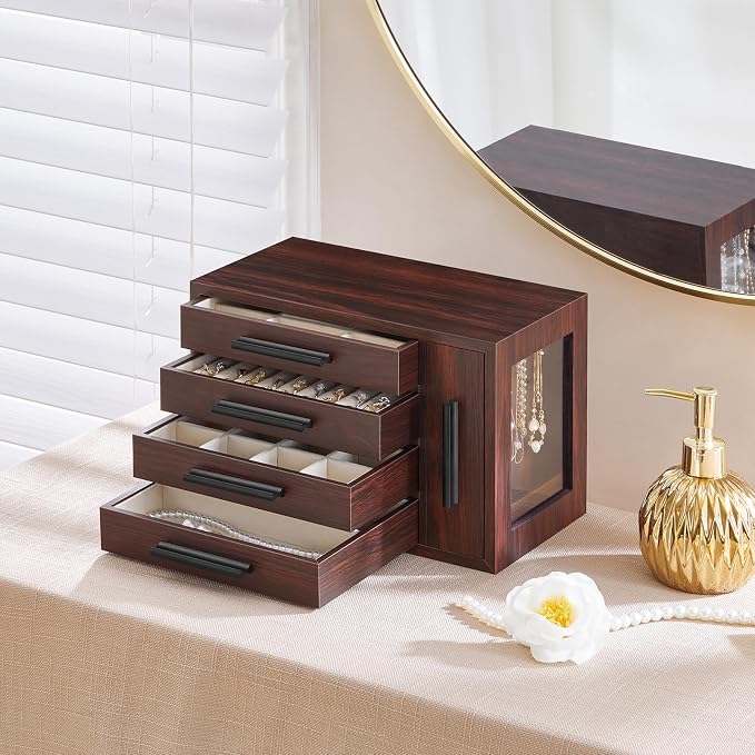 HOOBRO Jewelry Box for Women, Wooden Jewelry Organizer with Transparent Window, 4-Layer Jewelry Organizer Box, Jewelry Holder Organizer for Earrings, Necklaces, Rings, Dark Walnut and Black BRT09JB04 - Image 2
