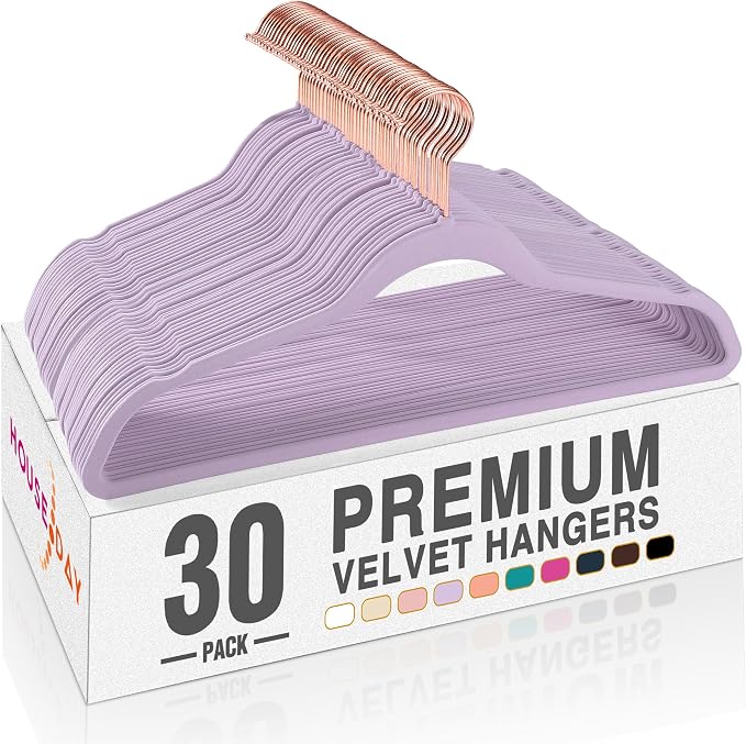 HOUSE DAY Velvet Hangers 30 Pack, Premium Non-Slip Felt Hangers, Sturdy Lt-Purple Clothes Hanger Heavy Duty, Space Saving Durable Suit Coat Hanger, 360° Rotating Rose Gold Hook by HOUSEDAY