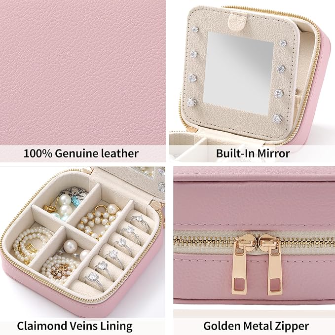 Genuine Leather Travel Jewelry Organizer Case with Mirror for Women, Small Mini Portable Jewelry Box for Ring Earrings Necklace Bracelet Luxury Gift for Women（Lilac） - Image 4