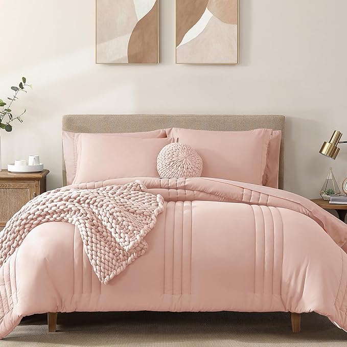 Monbix Queen Comforter Set - 7 Pieces Light Pink Bed in a Bag Queen Bedding Sets with Comforters, All Seasons Comforter Bed Set with Sheets, Pillowcases & Shams
