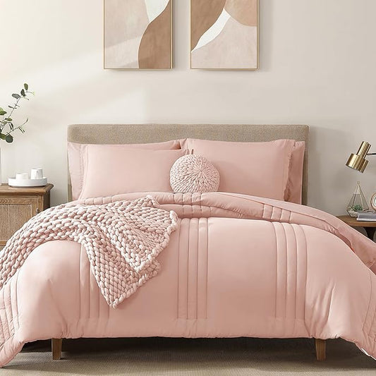 Monbix Queen Comforter Set - 7 Pieces Light Pink Bed in a Bag Queen Bedding Sets with Comforters, All Seasons Comforter Bed Set with Sheets, Pillowcases & Shams