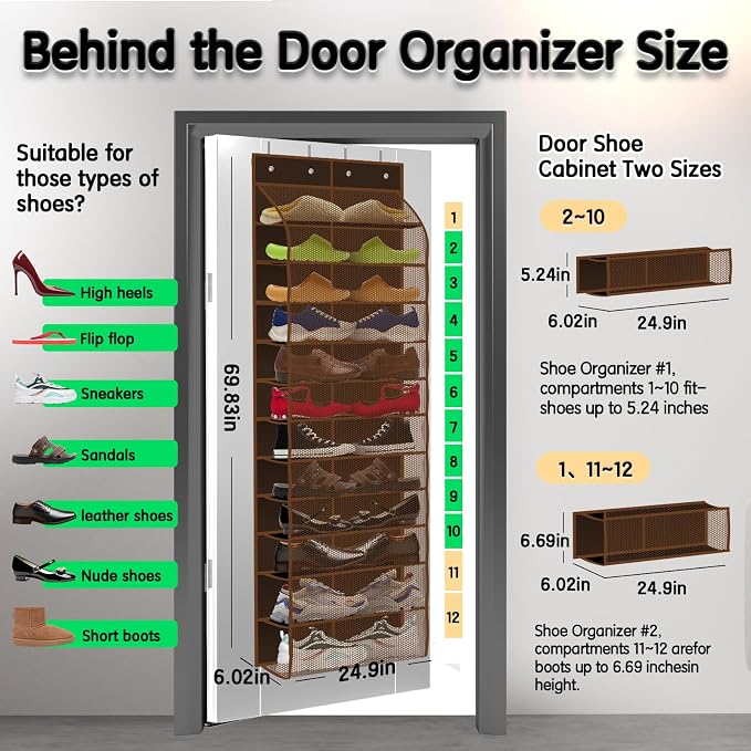 Kotkn Over The Door Shoe Organizer with 12 Large Breathable Pockets - Durable Hanging Storage for the Entire Family's Shoes (Espresso) - Image 2
