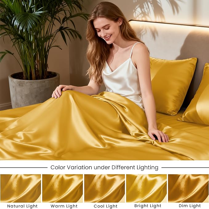 Love's cabin Twin Satin Sheets Sets - 3 Piece Gold Silky Bed Sheets with Deep Pockets, Luxury Silk Feel Satin Twin Size Sheet Set Bedding Set (1 Flat Sheet,1 Fitted Sheet,1 Pillow case)