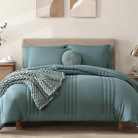 Monbix Super King Plus Size Comforter Set - 7 Pieces Blue Green Bed in a Bag Super King Plus Bedding Sets with Comforters, All Seasons Comforter Bed Set with Sheets,Pillowcases & Shams