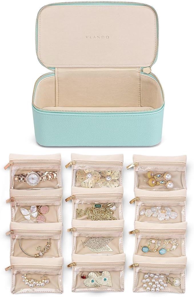 VLANDO Jewelry Travel Case,Travel Jewelry Organizer with Clear Velvet Jewelry Bags 12Pcs Zipper Pouch for Women Girl Trendy Stuff Gift-Lake Blue by VLANDO