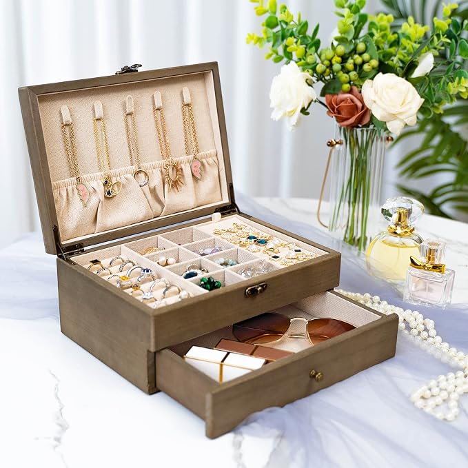 Pinzoveco Jewelry Box for Women, Rustic Wooden Jewelry Organizer Box for Storage Earrings Rings Necklace Bracelet, Farmhouse Style Wood Jewelry Boxes & Organizers (Gray) - Image 2
