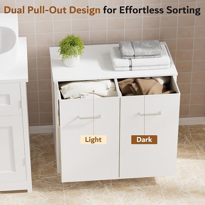 Double Pull-Out Laundry Hamper Cabinet; 90L Laundry Basket for Bathroom,Laundry Room; Laundry Sorter with 2 Pull-Out and Removable Bags - Image 2