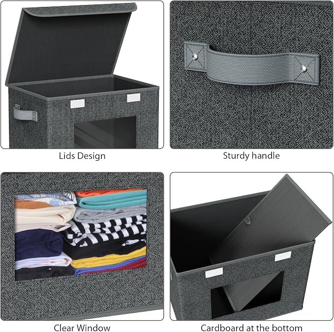 Univivi Fabric Foldable Storage Boxes with Lids [4-Pack] Large Stackable Storage Bins, Closet Organizers and Storage Cube Storage Organizer for Home, Office, Bedroom (Black, 17“ x 12” x 12") - Image 4