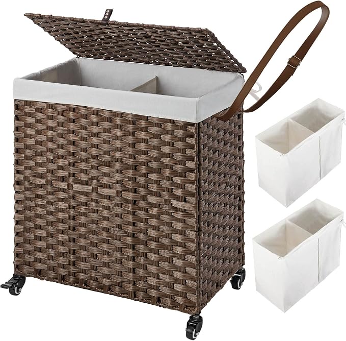 Greenstell Laundry Hamper with Wheels, No Install Needed, 110L Divided Handwoven Hampers & 2 Removable Liner Bags, Rattan Clothes Laundry Basket with Lid & Handles, Foldable Hampers Brown 22x13x26.4In by Greenstell