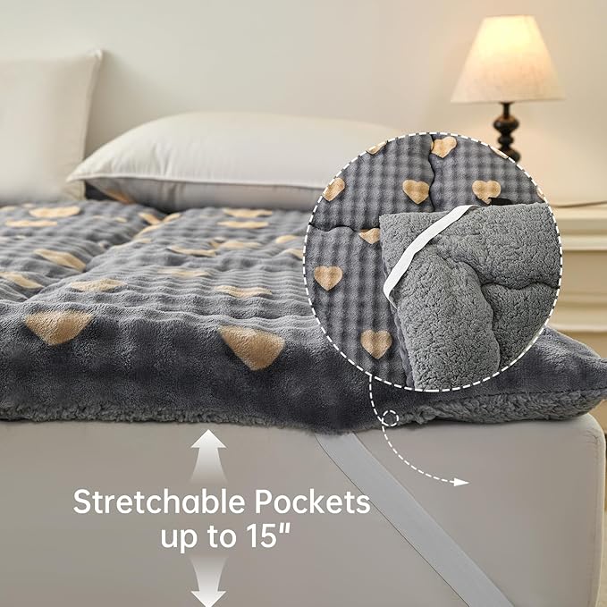 Full Mattress Pad 54 x 75 inches, Warm Thicken Velvet Mattress Protector Breathable and Comfortable with 4 Elastic Band, Deep Pocket Stretchable up to 15 inches Washable, Gray Heart
