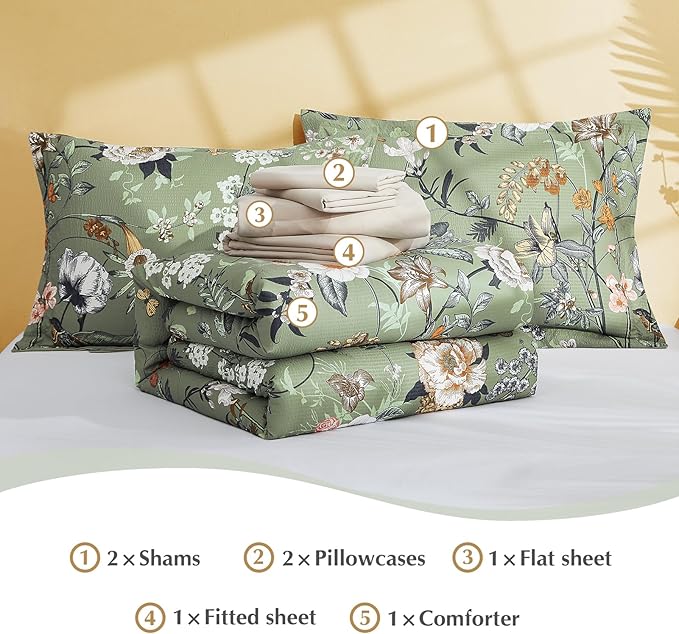 CASAAGUSTO Queen Comforter Set, 7 PCS Green Butterfly Floral Comforter Set with Flowers Leaves Pattern, Soft Seersucker Design All Season Queen Size Bedding Set(90"X90")
