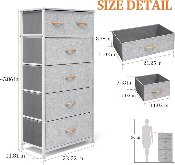 Fabric Dresser for Bedroom, Tall Skinny Dresser with 6 Drawers, Storage Organizer Tower, Steel Frame Wooden Top for Closet, Living Room, Hallway(Light Gray) - Image 3