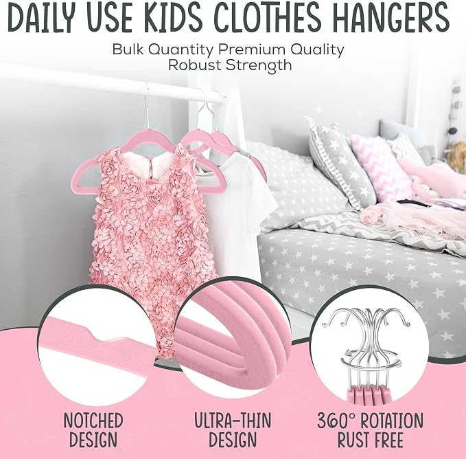 TechZoo 25 Premium Kids Velvet Hangers - 14" Non-Slip Clothes Hangers for Kids & Preteens - Ultra Slim, Space-Saving, Strong & Durable Hangers with 360° Swivel Hook - Pink - Image 3