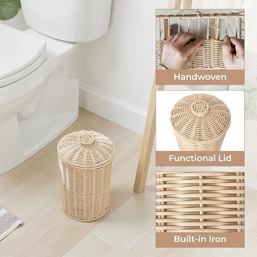GRANNY SAYS Wicker Small Bathroom Trash Can with Lid, 2 Gallon Cute Decorative Waste Basket for Bedroom and Dorm, Office Garbage Cans for Under Desk, Mini Round Trash Bin for Decor, Off White - Image 4