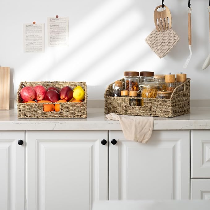 StorageWorks Pantry Baskets for Organizing, Seagrass Storage Baskets for Shelves with Built-in Handles, Pantry Organizers and Storage, Set of 2 (Large and Medium) - Image 6