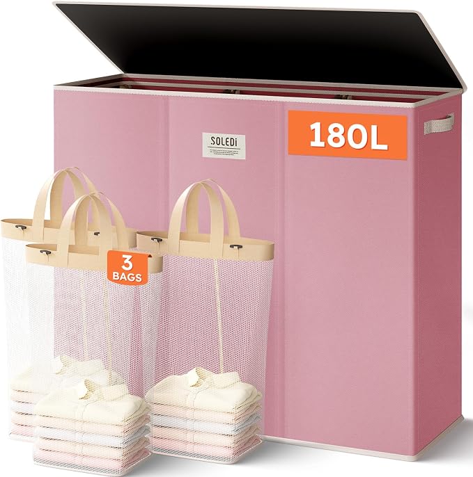 SOLEDI 180L 3-Section Laundry Hamper with Lid, Extra Large Dirty Clothes Basket with Sturdy Handles for Laundry Room & Bedroom - Durable Organizer for Sorting Laundry by SOLEDI