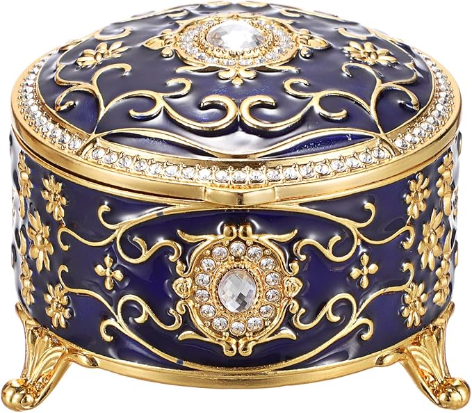 Hipiwe Vintage Jewelry Box Round Metal Treasure Chest Box Enameled Jewelry Trinket Box for Ring Earrings Necklace,Sparkling Keepsake Box Gift for Birthday Christmas,Blue - Image 9
