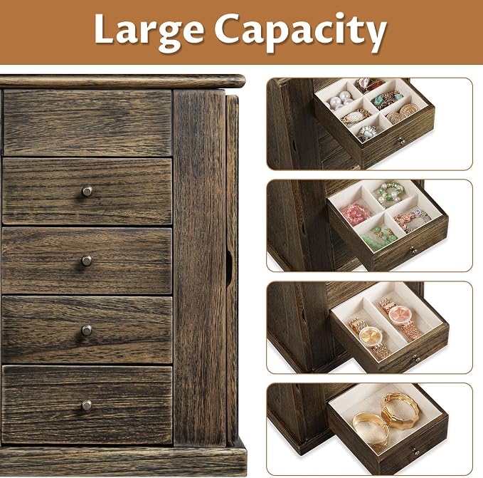 Emfogo Jewelry Box for Women, 5 Layer Large Wood Jewelry Boxes & Organizers for Necklaces Earrings Rings Bracelets, Rustic Jewelry Organizer Box with Rattan, Drawers and Mirror(Vintage) - Image 5