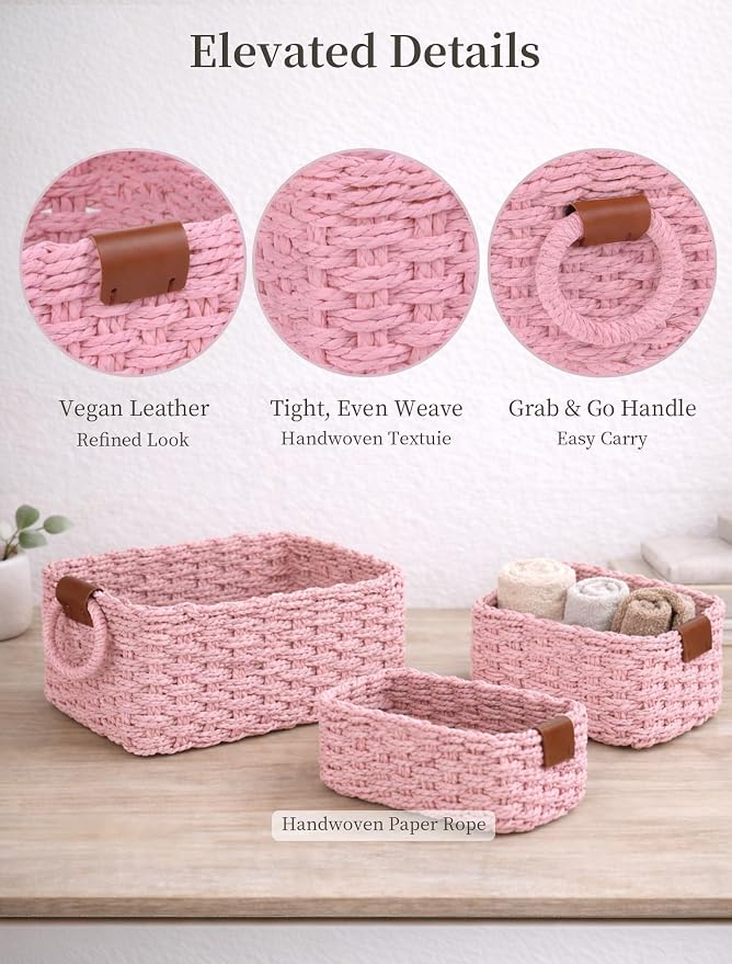Storage Basket, Recycled Paper Rope Bathroom Basket Organizer, 3Pcs Small Baskets for Organizing, Mini wicker Basket for Decorative Storage Bins, Shelves, Bathroom, Cabinet - Pink - Image 4