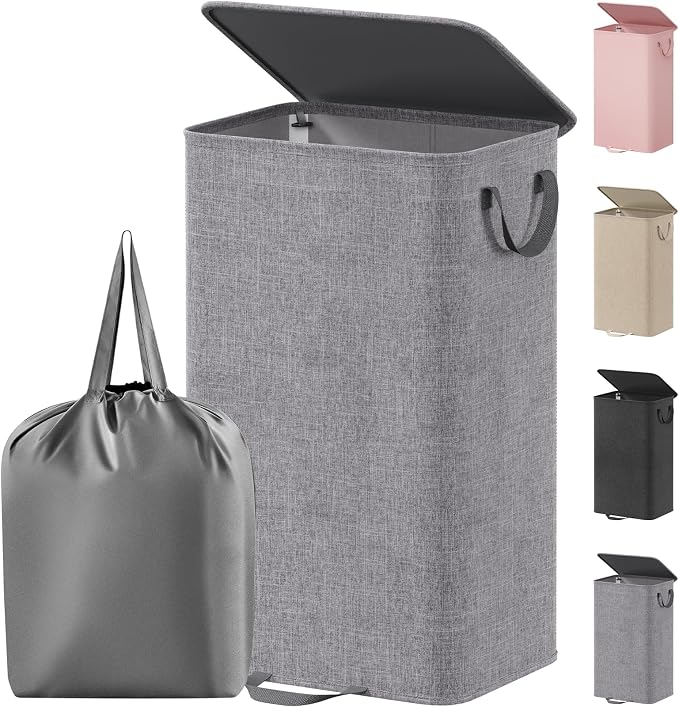 Lifewit Single Laundry Hamper with Lid and Removable Laundry Bags, Large Collapsible 1 Dividers Dirty Clothes Basket with Handles for Bedroom Laundry Room Closet Bathroom College, 100L Gray by Lifewit