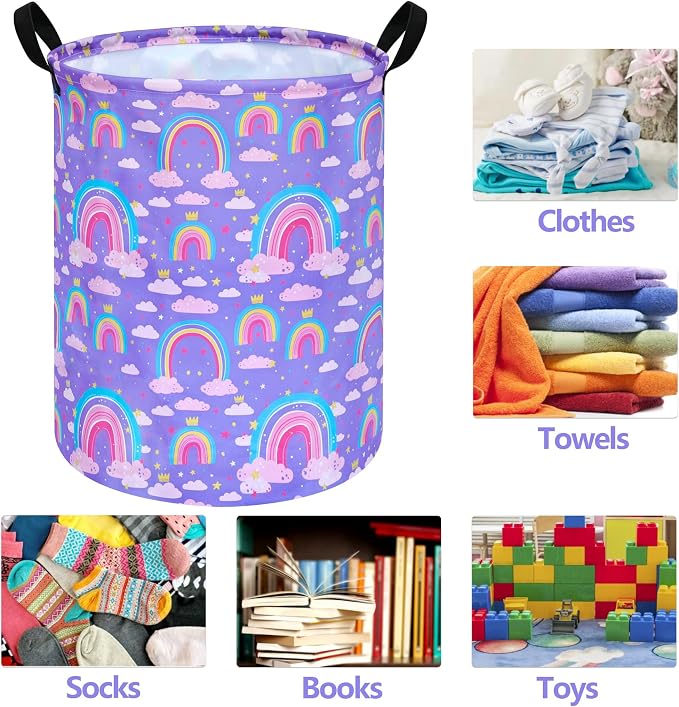 Collapsible Kids Laundry Basket Clothes Hamper, Foldable Storage Organizer Bin, Toy Clothes Storage with Handles for Boys Girls Bedroom, Room Decor Purple Rainbown - Image 7