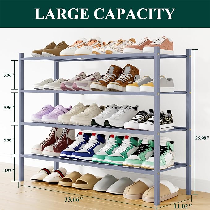 Smiry Shoe Rack, 4 Tier Long Bamboo Shoe Organizer, Stackable Free Standing Wooden Shoe Storage Shelf for Closet, Entryway, Front Door Entrance, Grey - Image 2