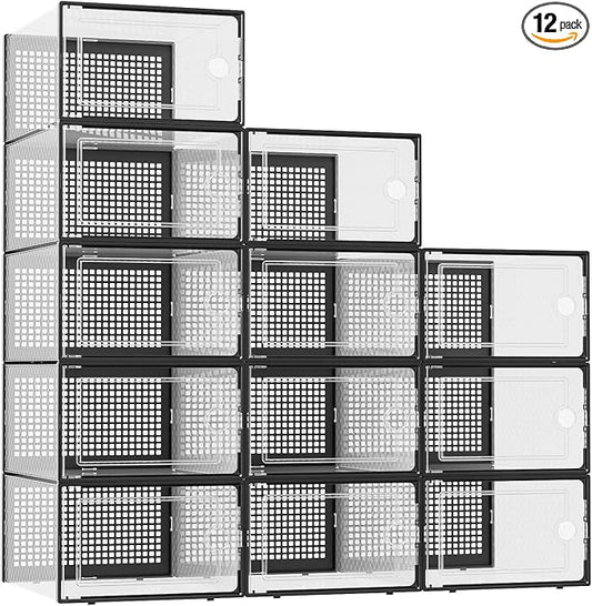 Kuject XX-Large Shoe Storage Boxes Organizers Clear Plastic Stackable 12 Pack, Shoe Rack & Holder Substitute, Sneaker Containers, Shoe Storage Organizer Bins for Closet, Under Bed, Black(No Fold Line) by Kuject