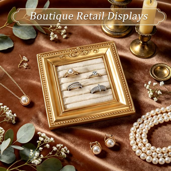 Vintage Ring Holder Rectangle Gold Velvet Display Stand - Baroque Jewelry Organizer Box Tray for Wedding Engagement Anniversary Women Birthday Christmas Gift Photograph Prop (MPF05-Gold Beige) - Image 7