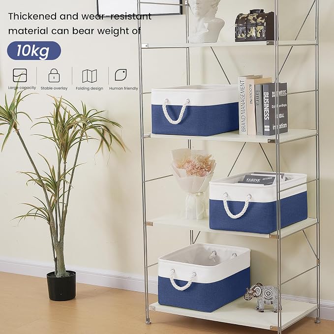 Large Storage Baskets- 15.7x11.8x8.26 inch Storage Bins for Shelves and Closet Organizing, Foldable Fabric Bin for Home Organization Clothes and Laundry (3-Pack, White&Blue) - Image 4