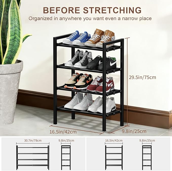 4-Tier Expandable Shoe Rack, Adjustable Shoe Shelf Storage Organizer Heavy Duty Metal Free Standing Shoe Rack for Entryway Closet Doorway (Black) - Image 2