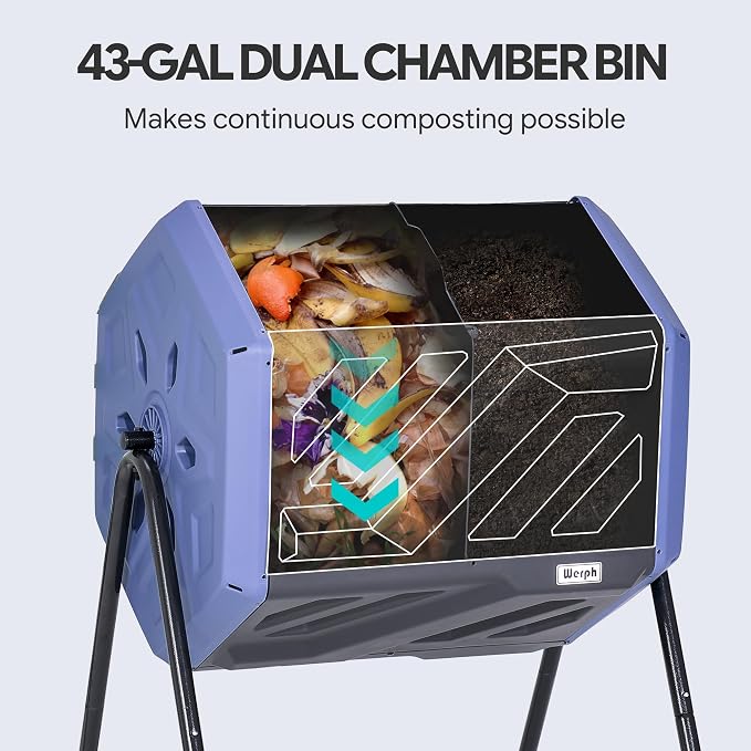 Werph Updated 43 Gallon Dual-Chamber Compost Bin, Fast Assembly Rotating Outdoor Compost Tumbler, Batch Composter with Gloves for Garden, Kitchen, and Yard Waste, Purple & Black - Image 5